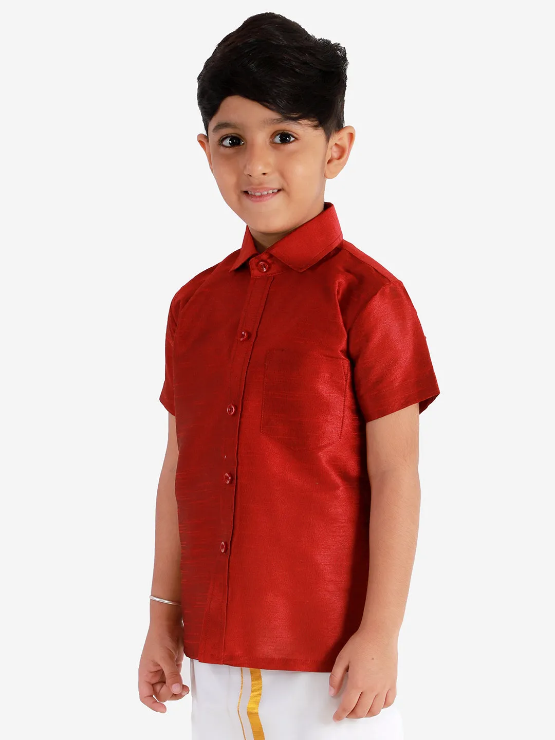 Jashvi Boys' Maroon Silk Short Sleeves Ethnic Shirt