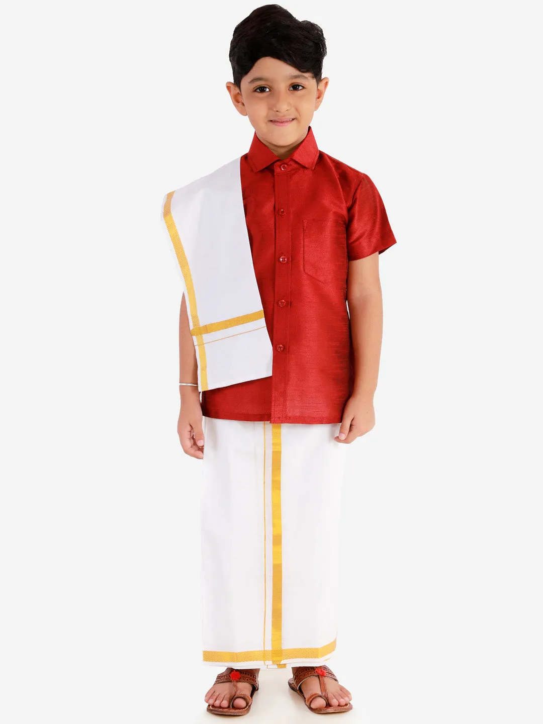 Jashvi Boys' Maroon Silk Short Sleeves Ethnic Shirt