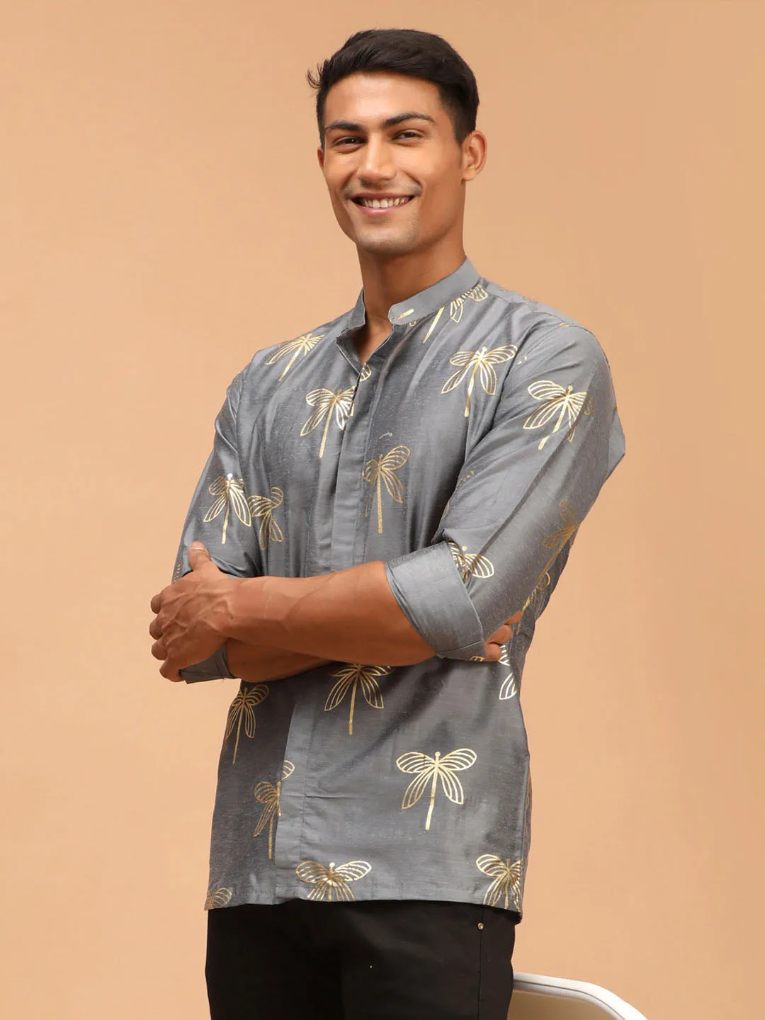 Jashvi Men's Grey Foil Print Shirt