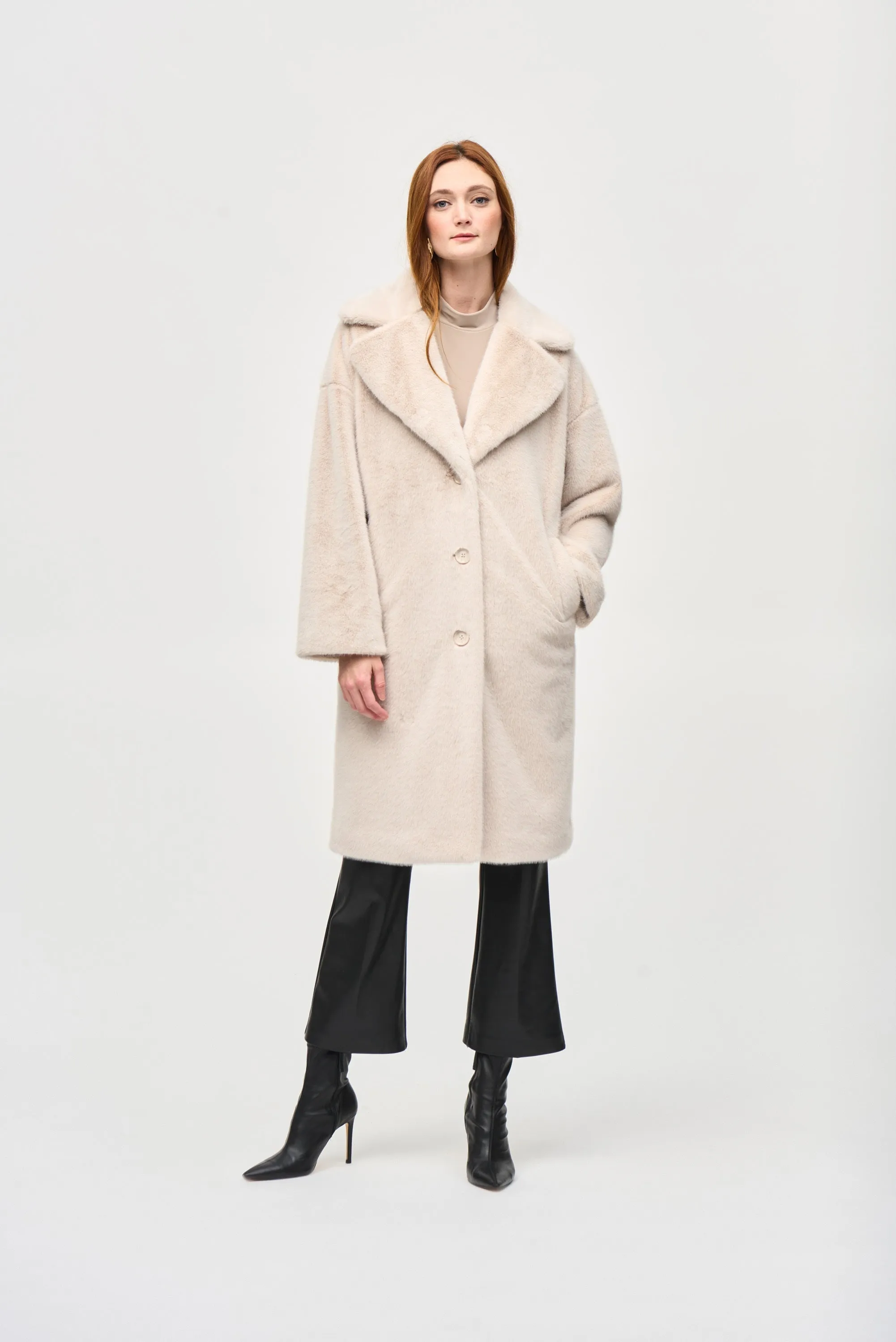 Joseph Ribkoff Faux Fur Straight Coat Cream