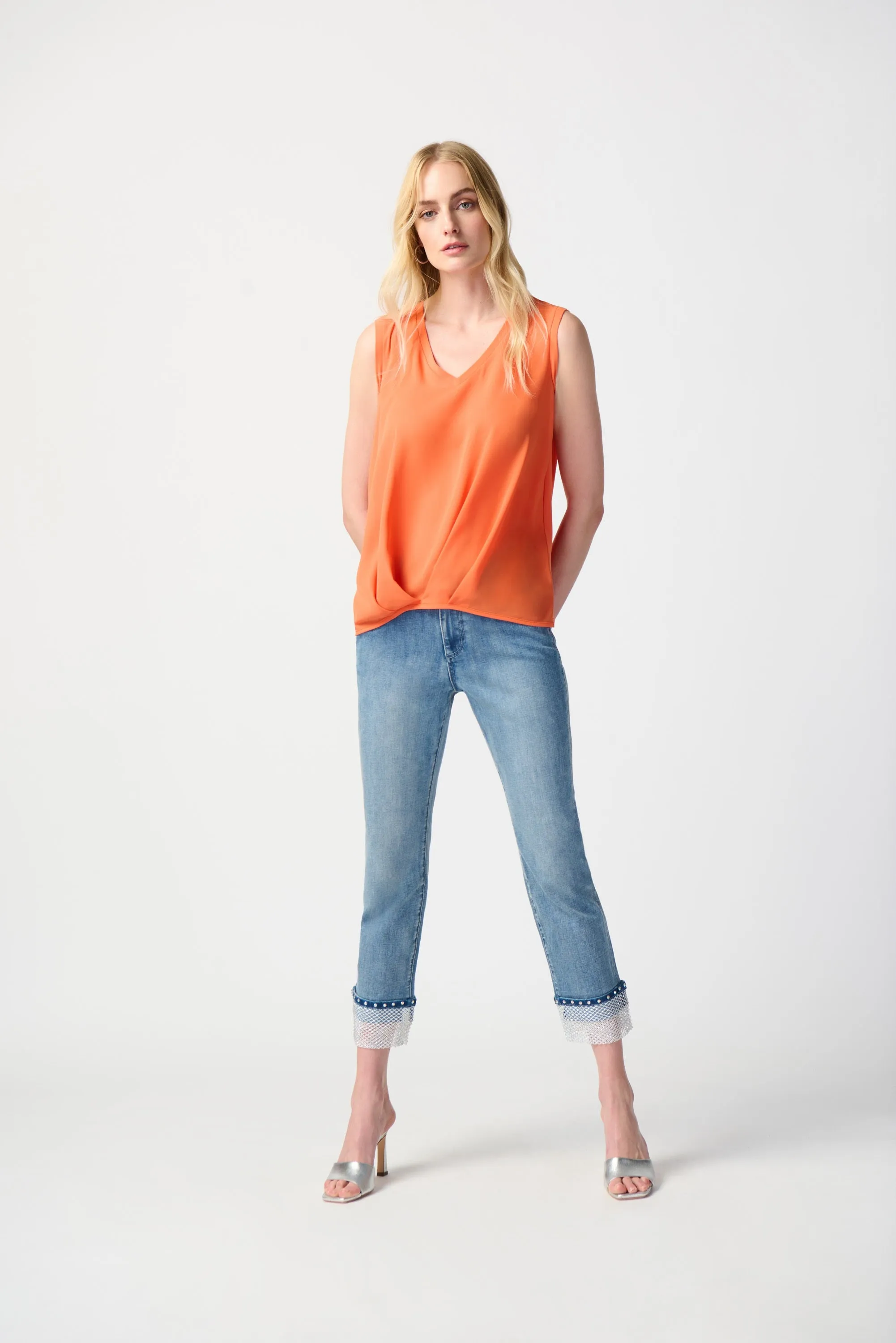 Joseph Ribkoff Pleated Front V-Neck Top Mandarin