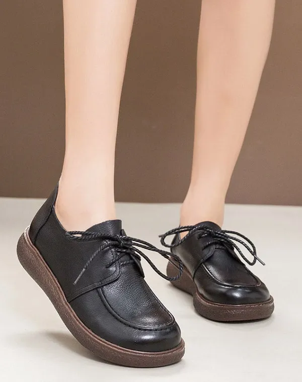 Lace-up Thick Heel Soft Bottom Retro Leather Shoes