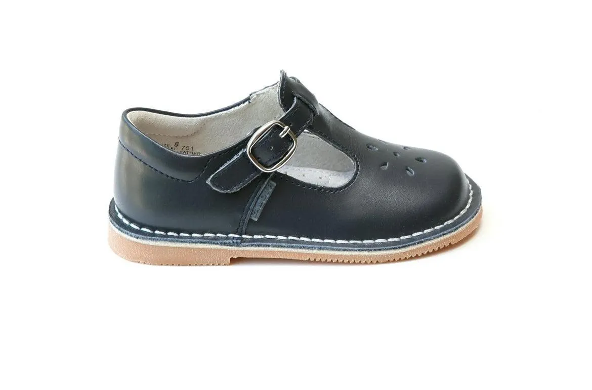 L'Amour Navy Classic Leather T-Strap Mary Janes