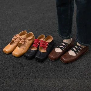 Leather Ballet Flats with Muti-Strap Square Toe in Black/Brown/Yellow