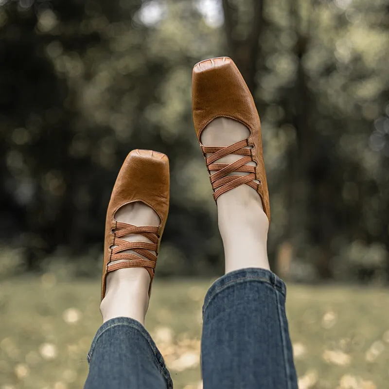 Leather Ballet Flats with Muti-Strap Square Toe in Black/Brown/Yellow