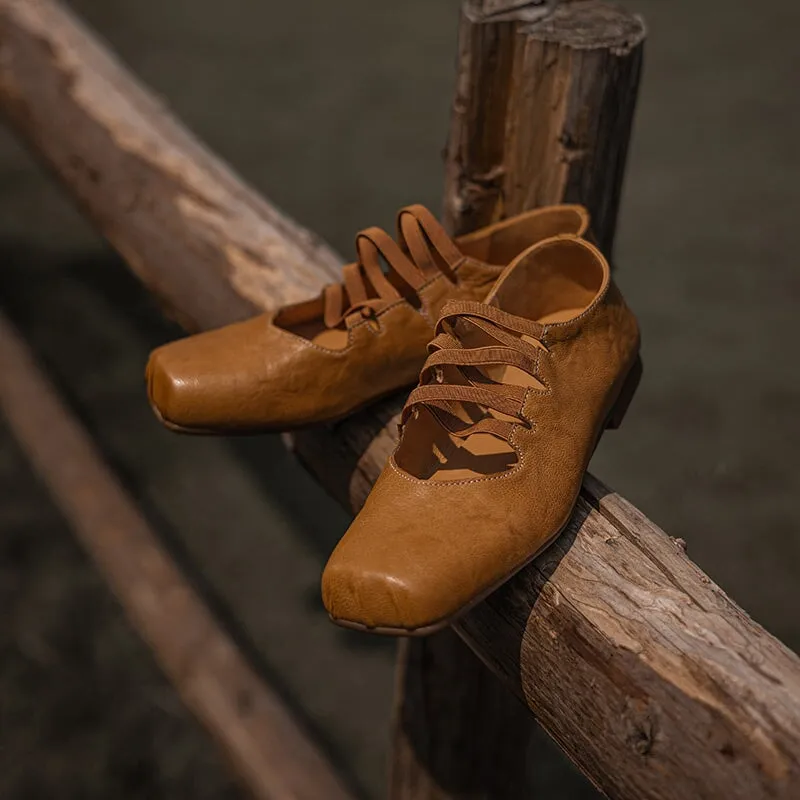 Leather Ballet Flats with Muti-Strap Square Toe in Black/Brown/Yellow