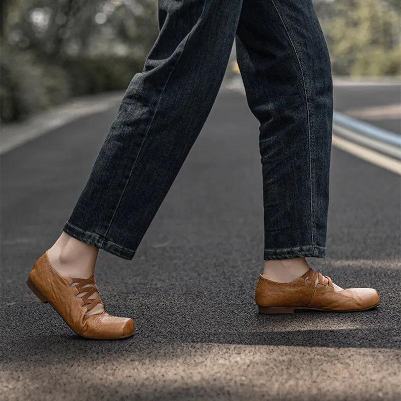 Leather Ballet Flats with Muti-Strap Square Toe in Black/Brown/Yellow