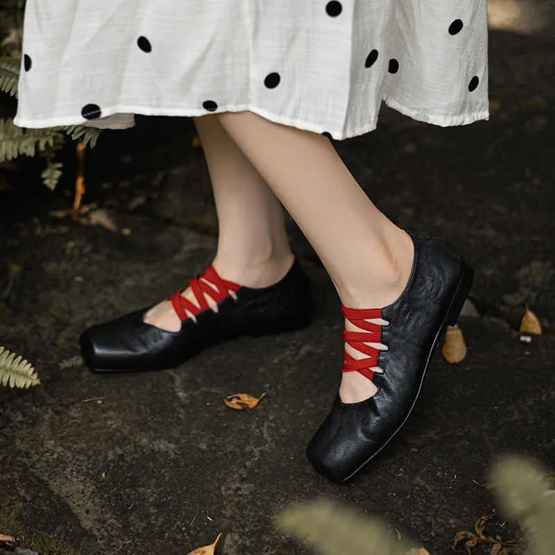 Leather Ballet Flats with Muti-Strap Square Toe in Black/Brown/Yellow