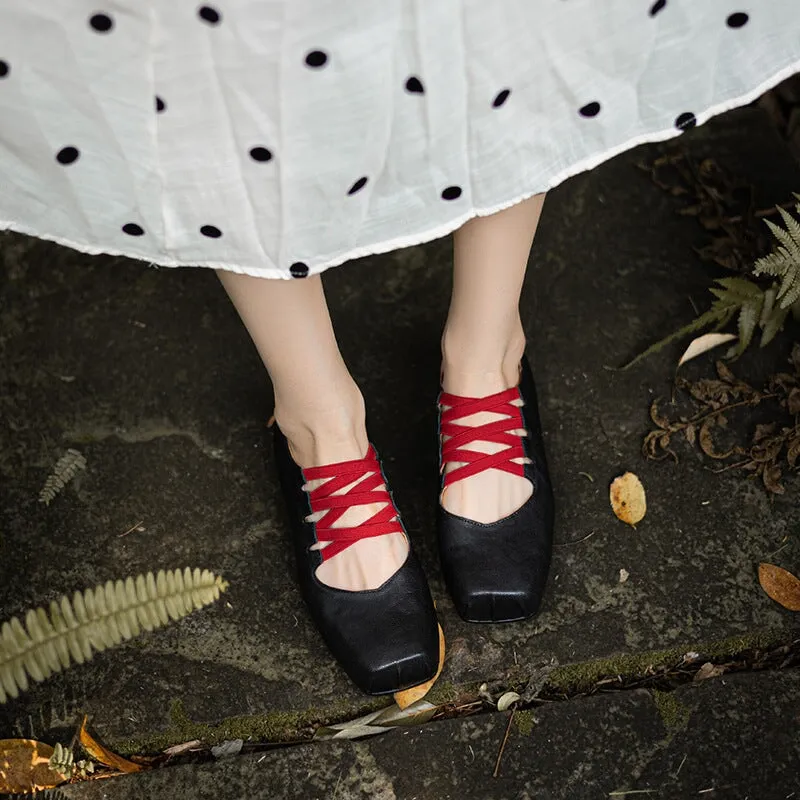 Leather Ballet Flats with Muti-Strap Square Toe in Black/Brown/Yellow