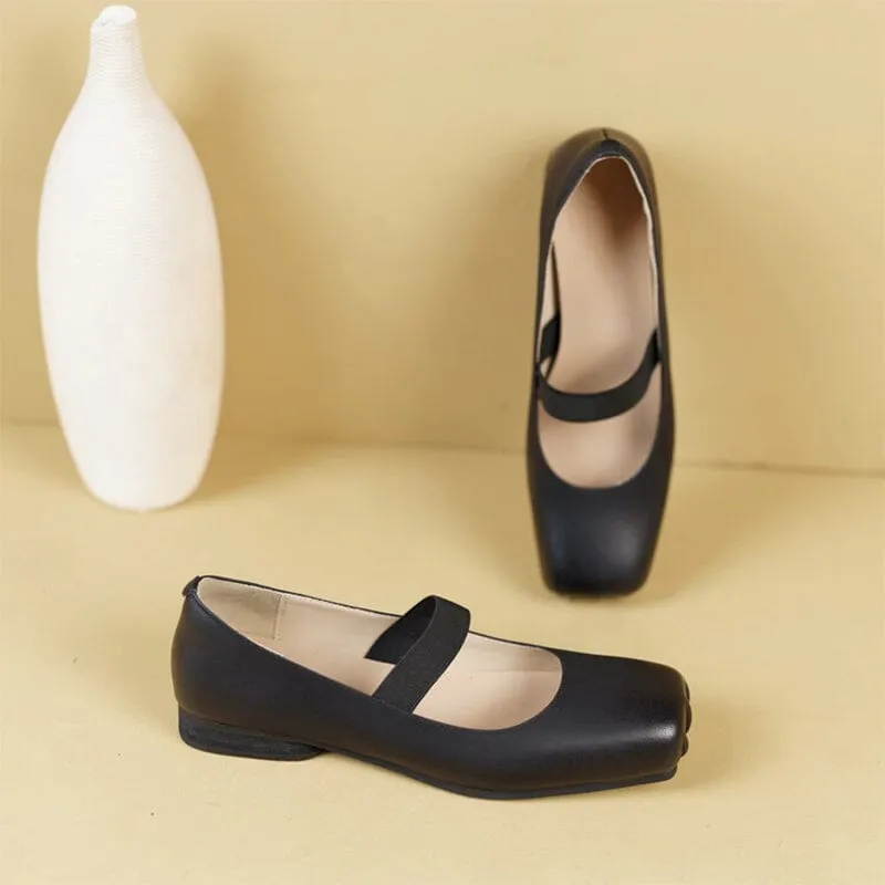 Leather Ballet Mary Jane Flats with Square Toe in Black/Apricot