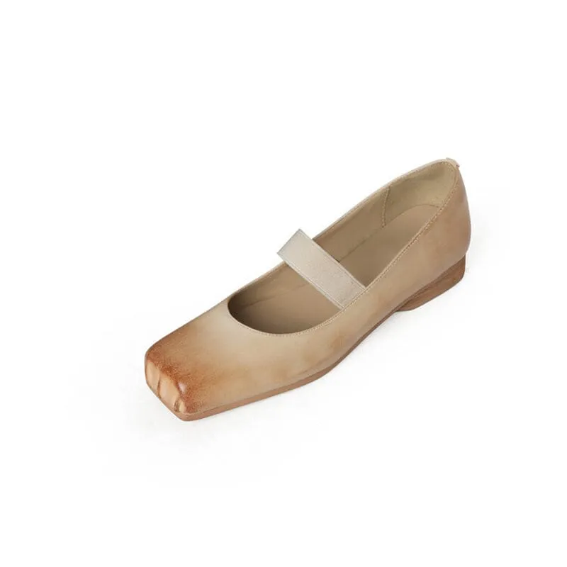 Leather Ballet Mary Jane Flats with Square Toe in Black/Apricot