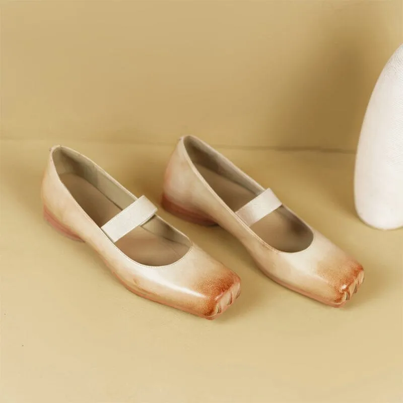 Leather Ballet Mary Jane Flats with Square Toe in Black/Apricot