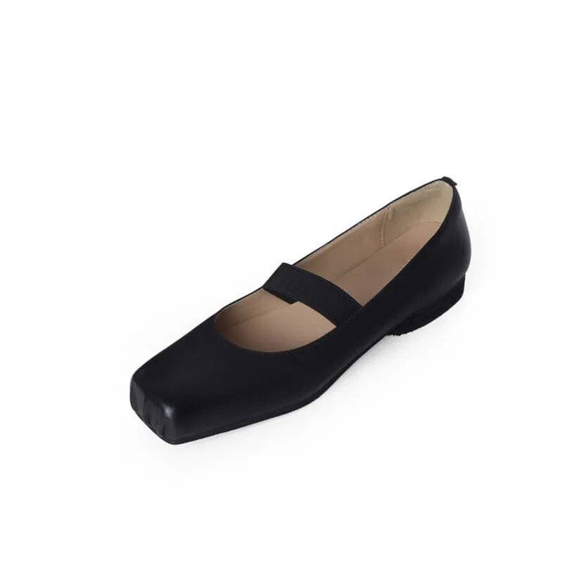 Leather Ballet Mary Jane Flats with Square Toe in Black/Apricot