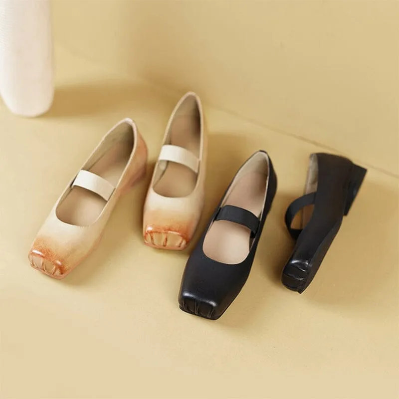 Leather Ballet Mary Jane Flats with Square Toe in Black/Apricot