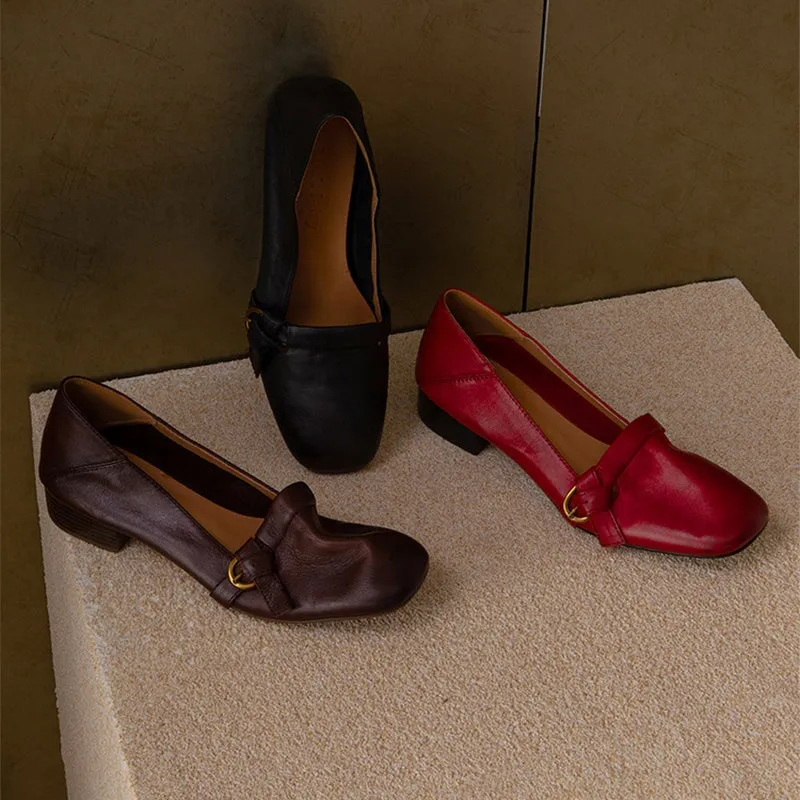 Leather Square Toe 30mm Block Heel Pumps in Red/Brown/Black