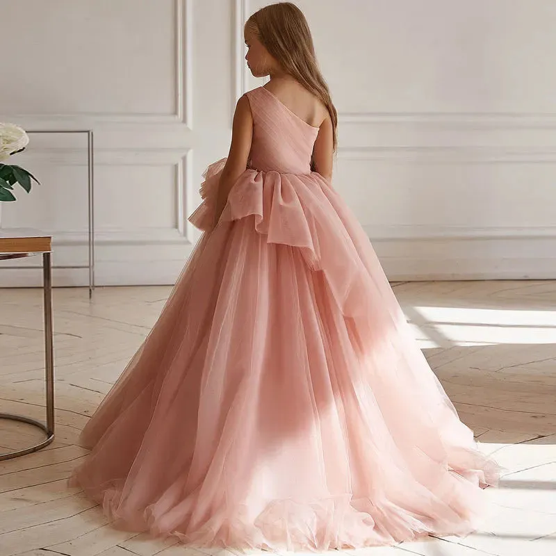 Lovely Pink Wedding Flower Dresses One Shoulder Ball Gown Kids Birthday Party Christmas Gowns Beaded Bow Tie Toddler Girl Pageant Wears Baby Bridesmaid Dress