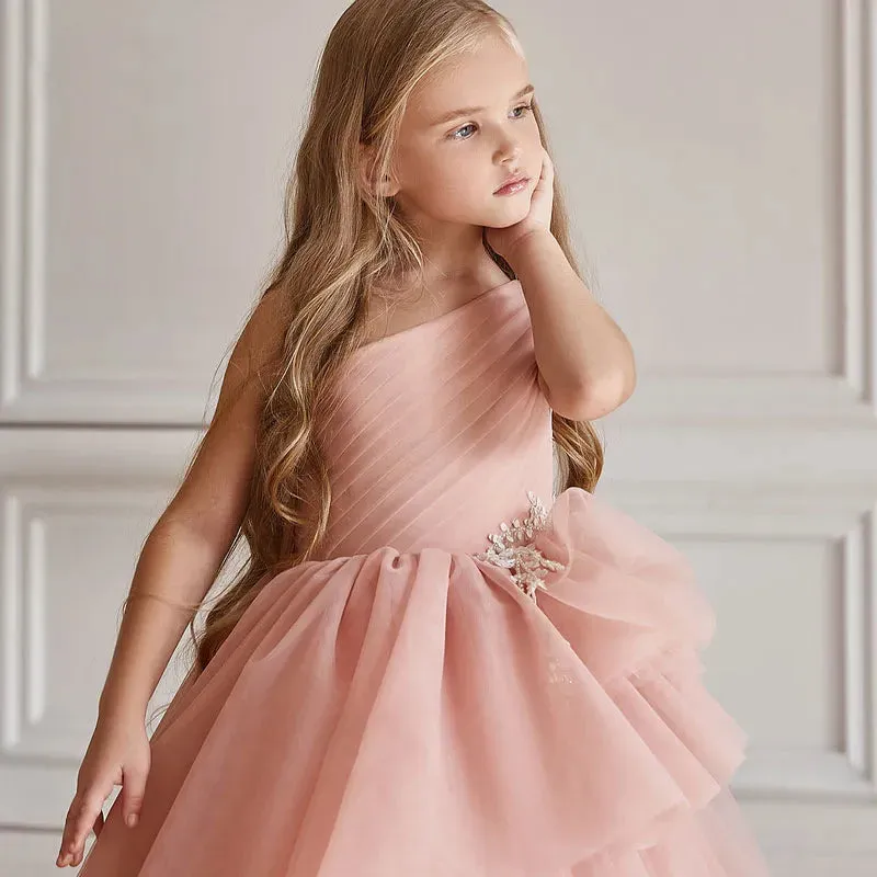 Lovely Pink Wedding Flower Dresses One Shoulder Ball Gown Kids Birthday Party Christmas Gowns Beaded Bow Tie Toddler Girl Pageant Wears Baby Bridesmaid Dress