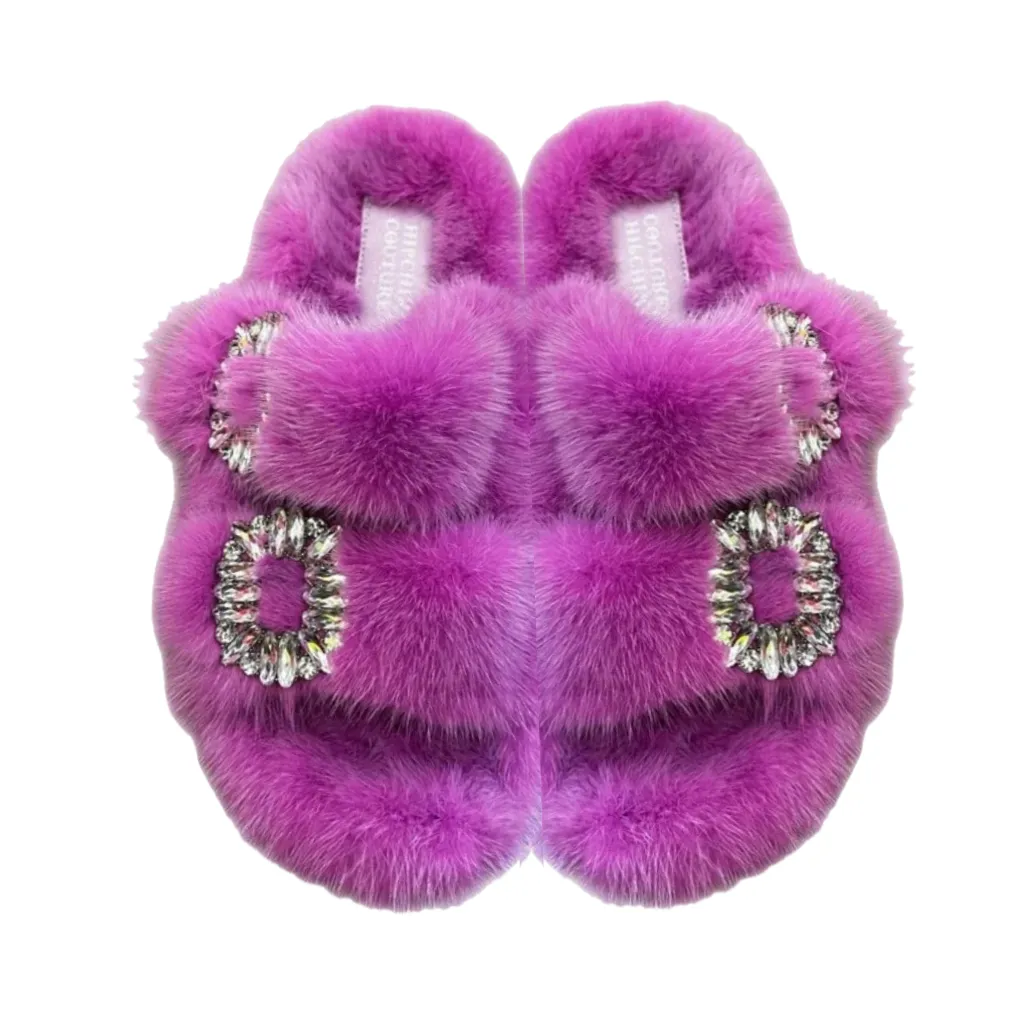 Luxe Mink Slide Sandals with Crystal Buckle - Fuchsia