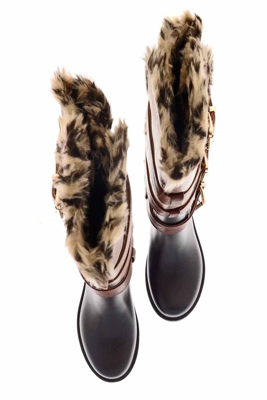 MAGNITE Camel Fur Trim Knee-High Boots