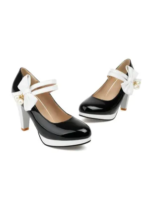 Mary Jane Color Block Side Bow High Heel Shoes