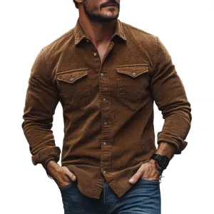 Men's Casual Corduroy Lapel Chest Pocket Slim Fit Long Sleeve Shirt 49169035M