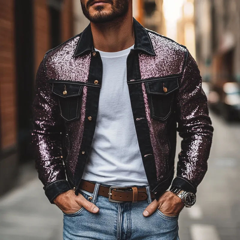 Men's Casual Lapel Denim Sequin Patchwork Slim-fit Jacket 39959058M