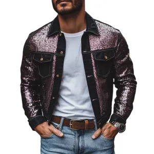 Men's Casual Lapel Denim Sequin Patchwork Slim-fit Jacket 39959058M