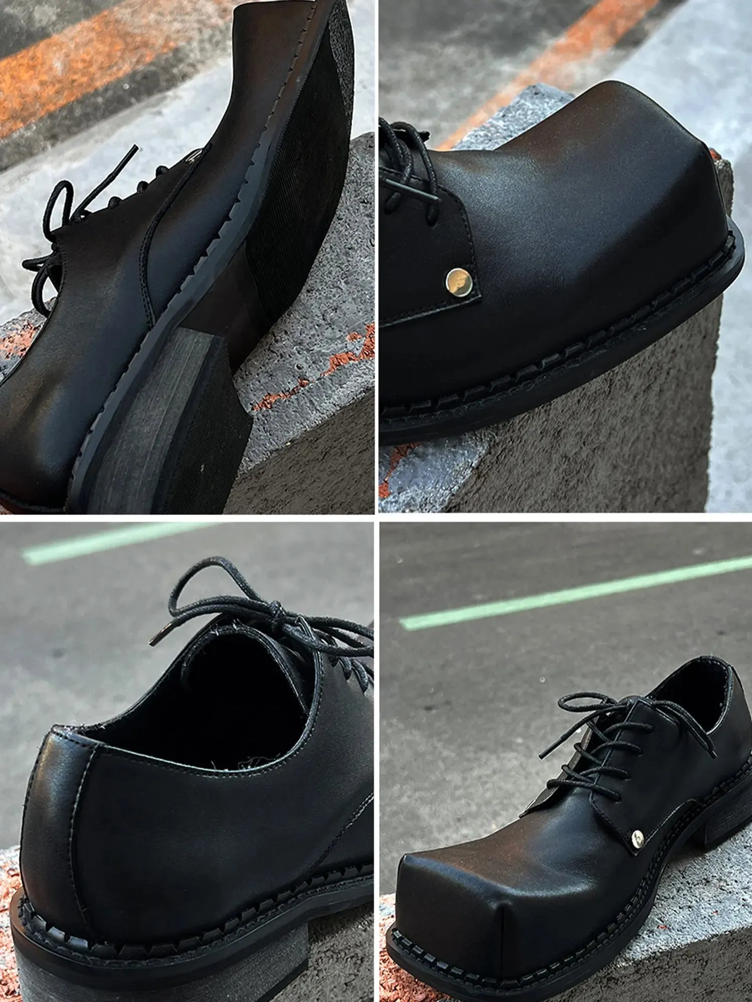 【New】Black Huge Square Toe Leather Shoes