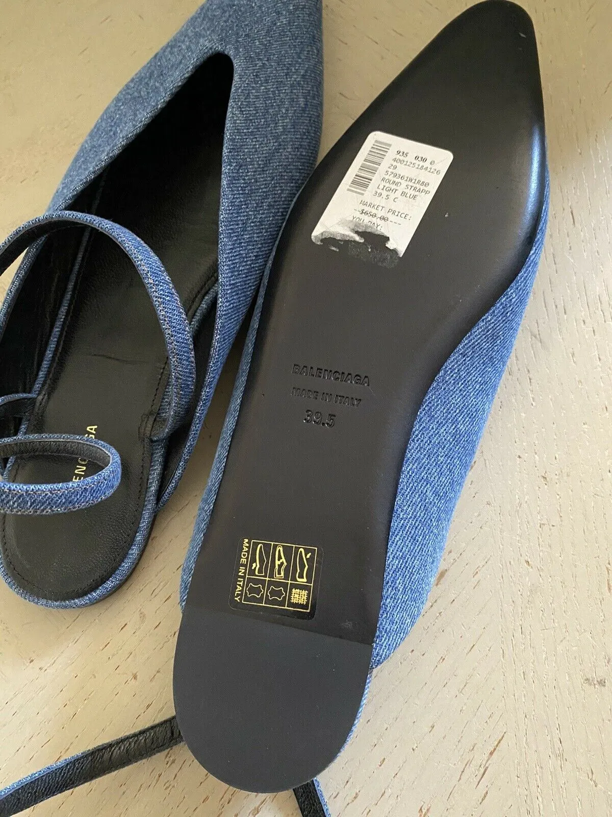 NIB $650 Balenciaga Ankle-Strap Denim Flat Sandal Shoes Blue 9.5 US/39.5 E Italy