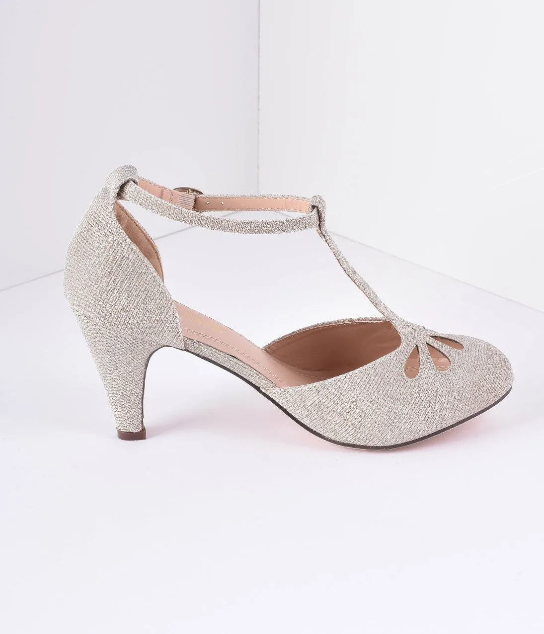 Nude Sparkle Cutout Kimmy T-Strap Heels