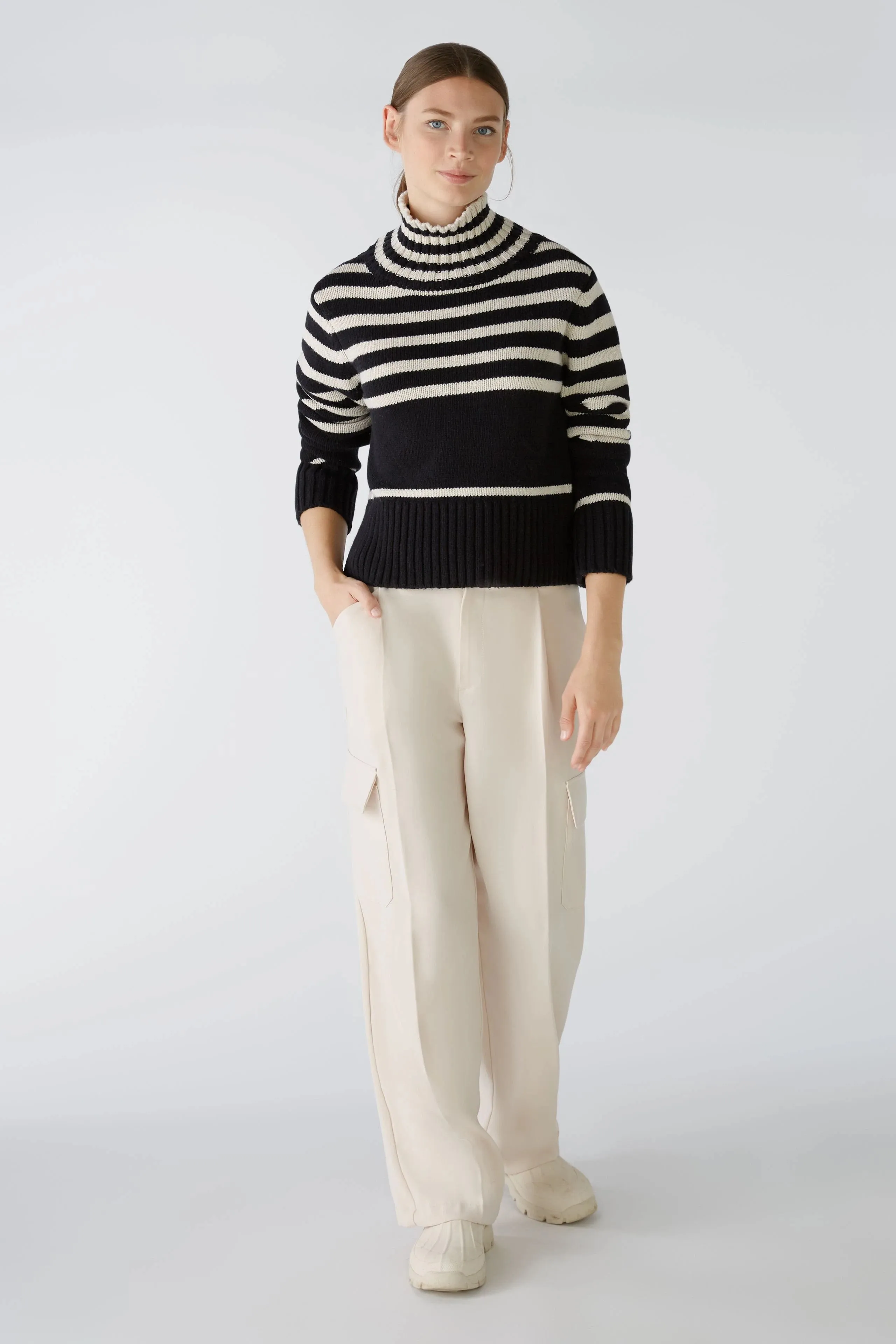 Oui Knitted Striped Jumper Black/Off-white