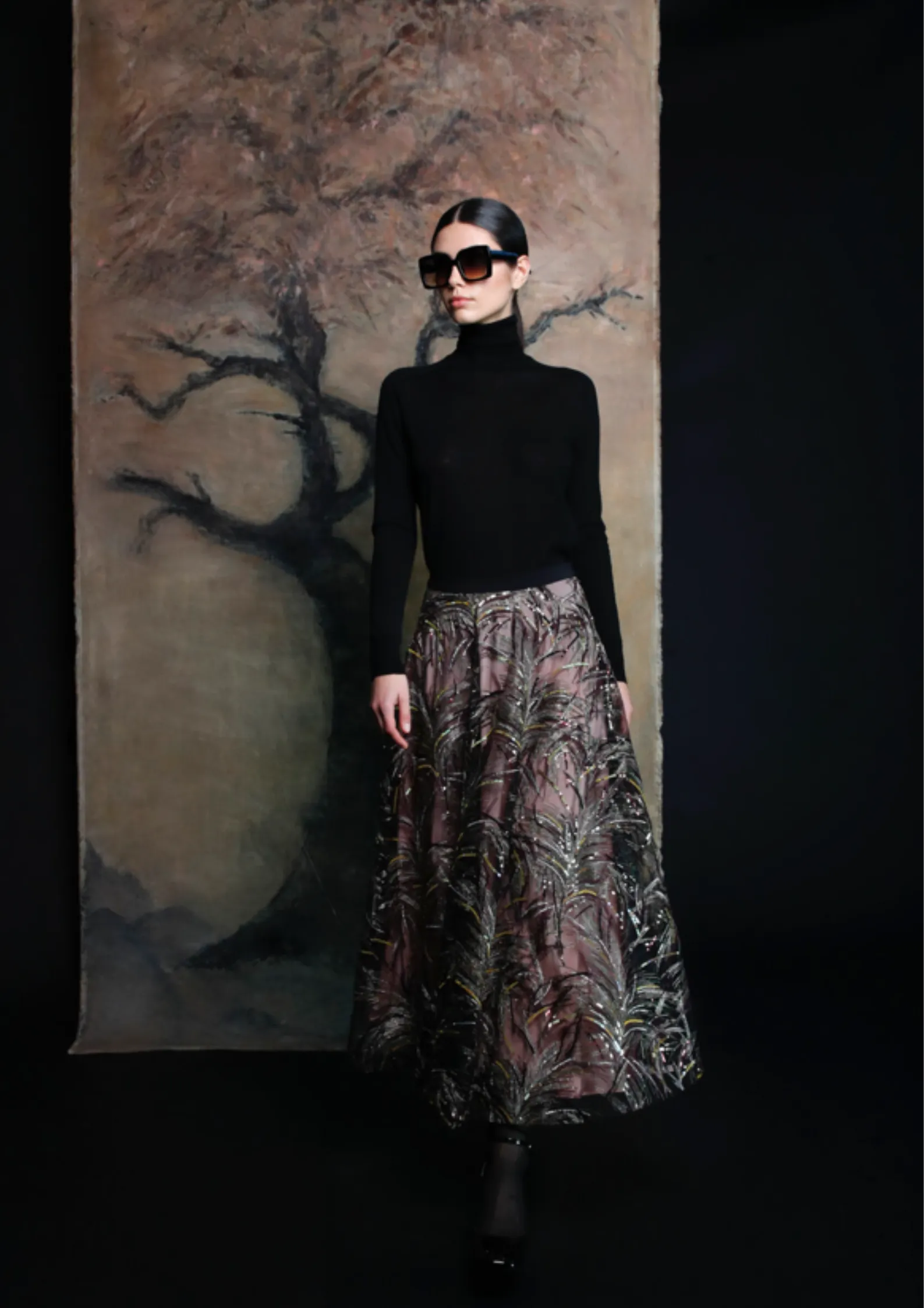 Psophia Embroidered Tulle Skirt Black