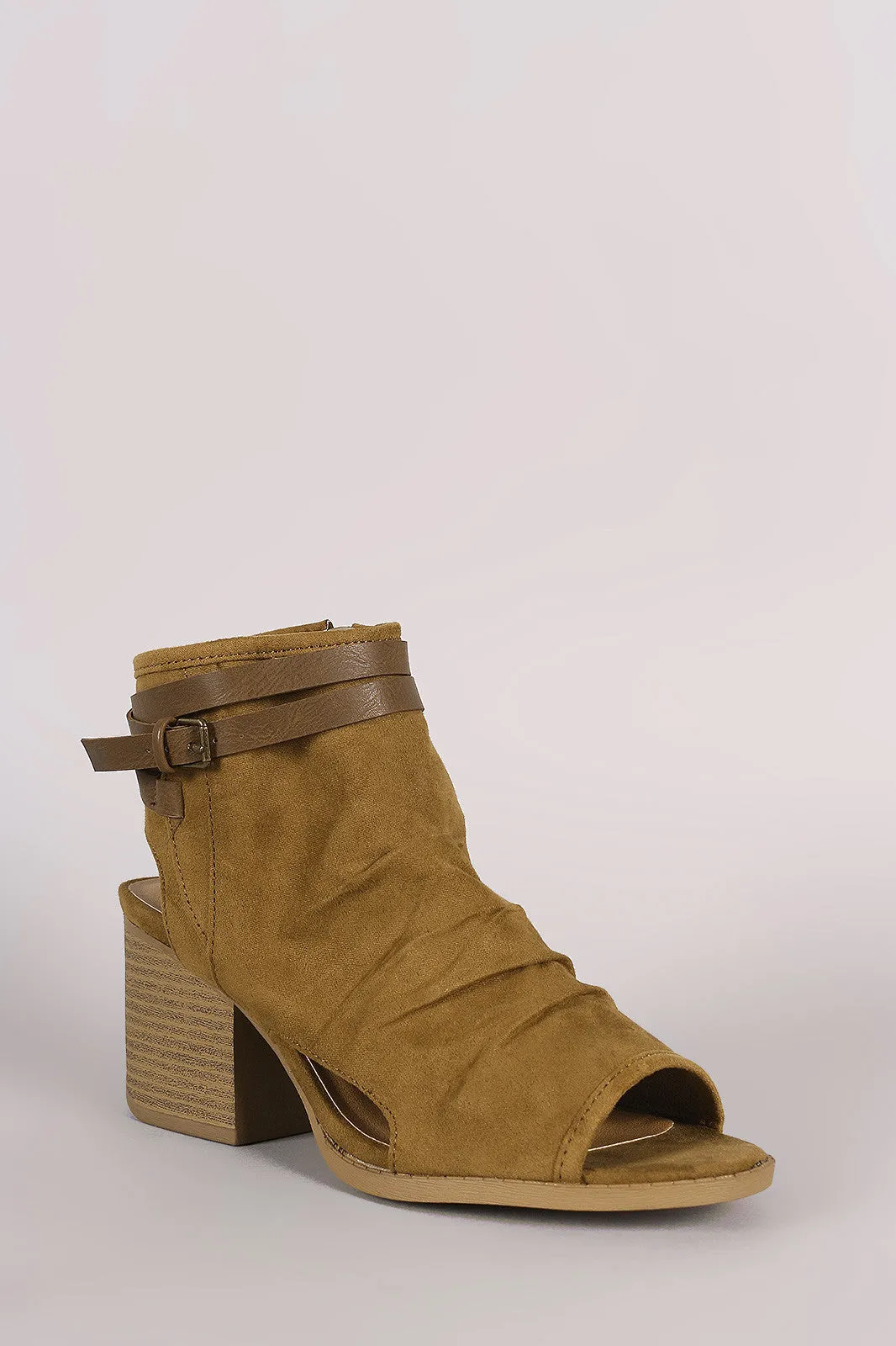 Qupid Suede Ruched Buckle Block Heeled Mule Booties