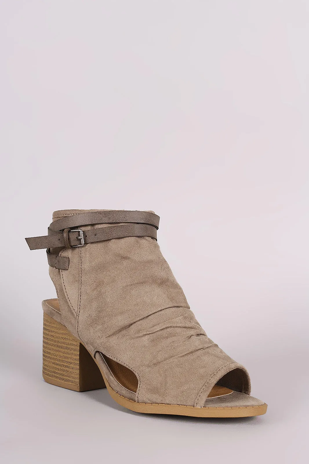 Qupid Suede Ruched Buckle Block Heeled Mule Booties