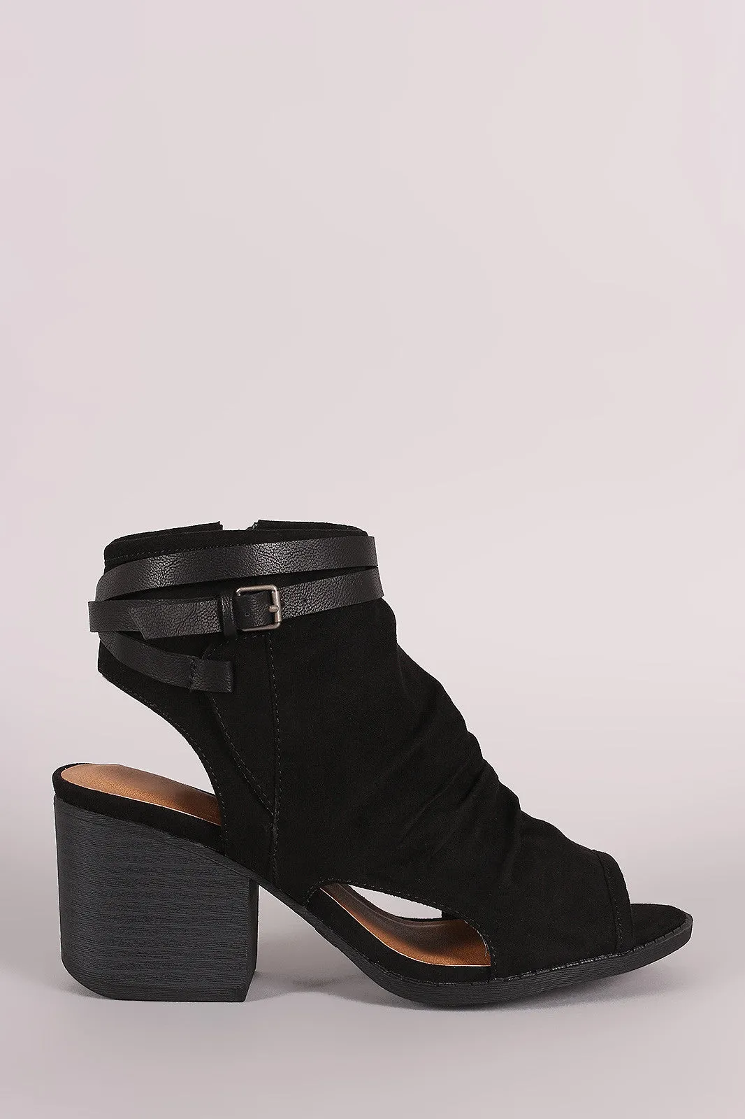 Qupid Suede Ruched Buckle Block Heeled Mule Booties