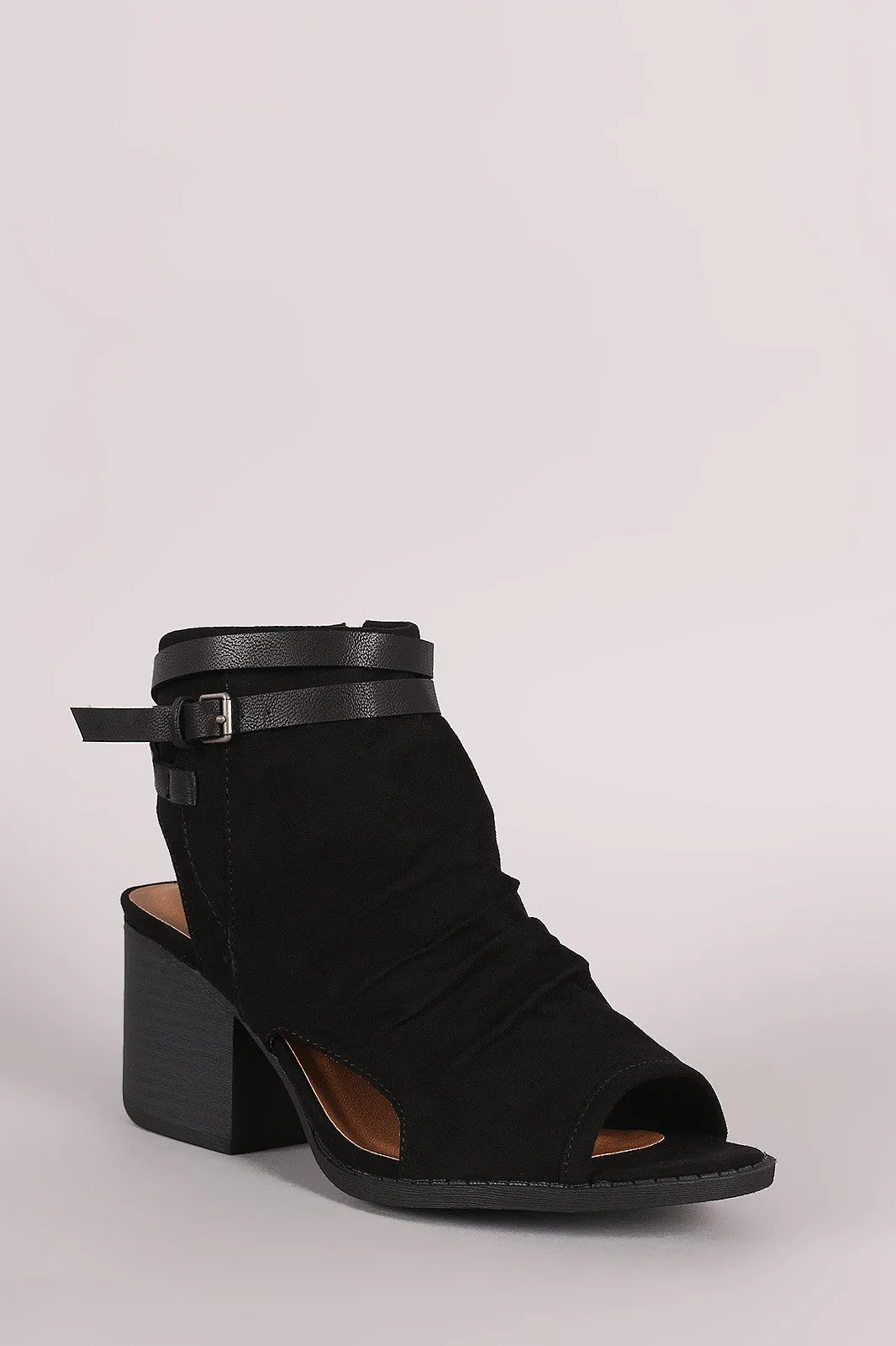 Qupid Suede Ruched Buckle Block Heeled Mule Booties