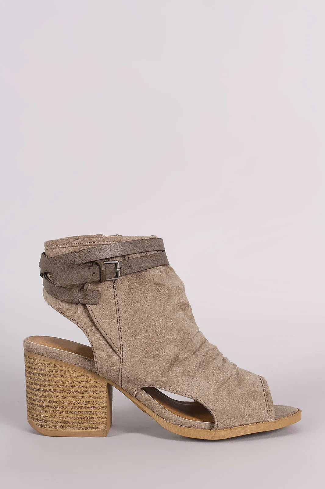 Qupid Suede Ruched Buckle Block Heeled Mule Booties