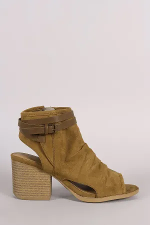 Qupid Suede Ruched Buckle Block Heeled Mule Booties