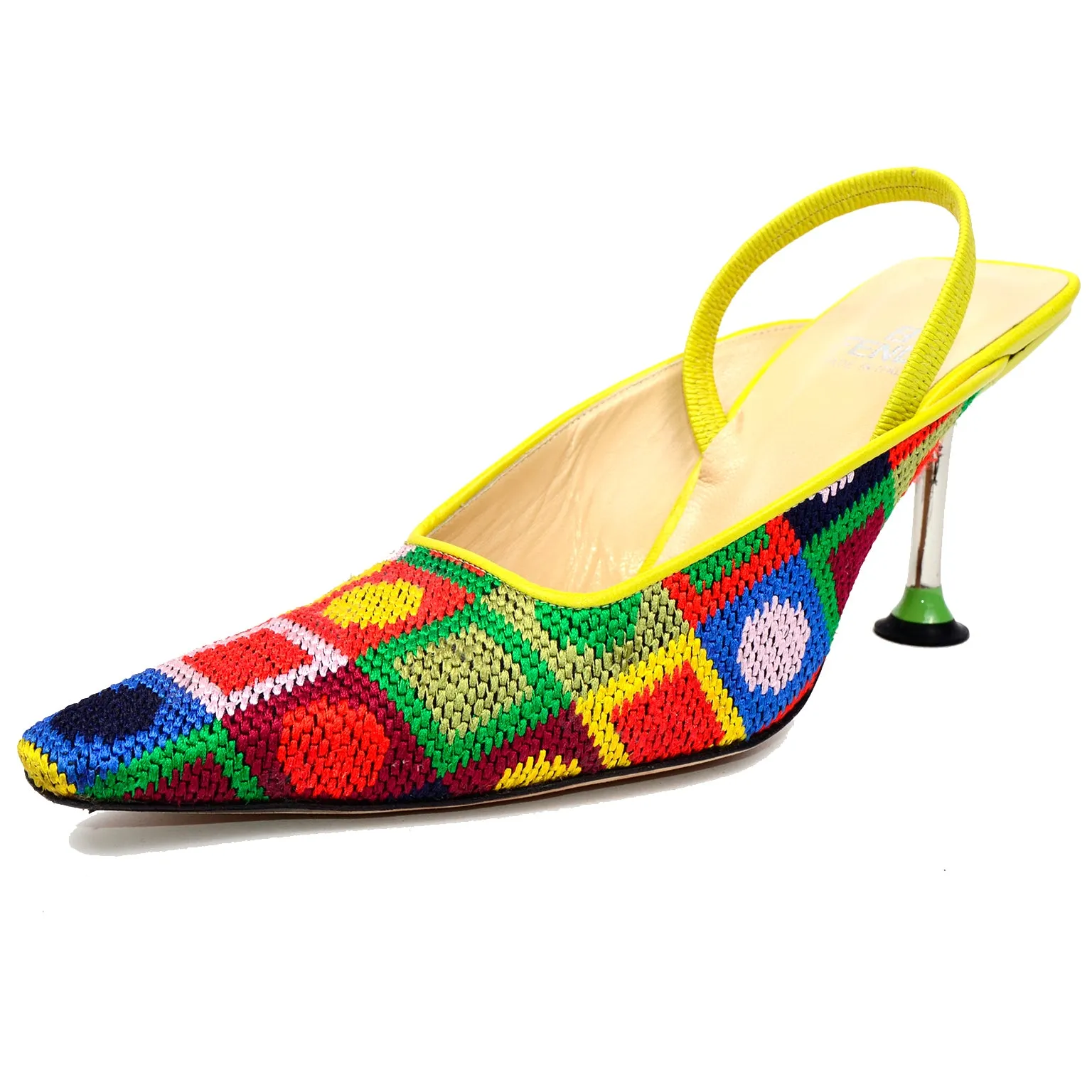 RESERVED // Fendi Colorful Needlepoint Square Slingback Shoes w Metal Heels 7.5