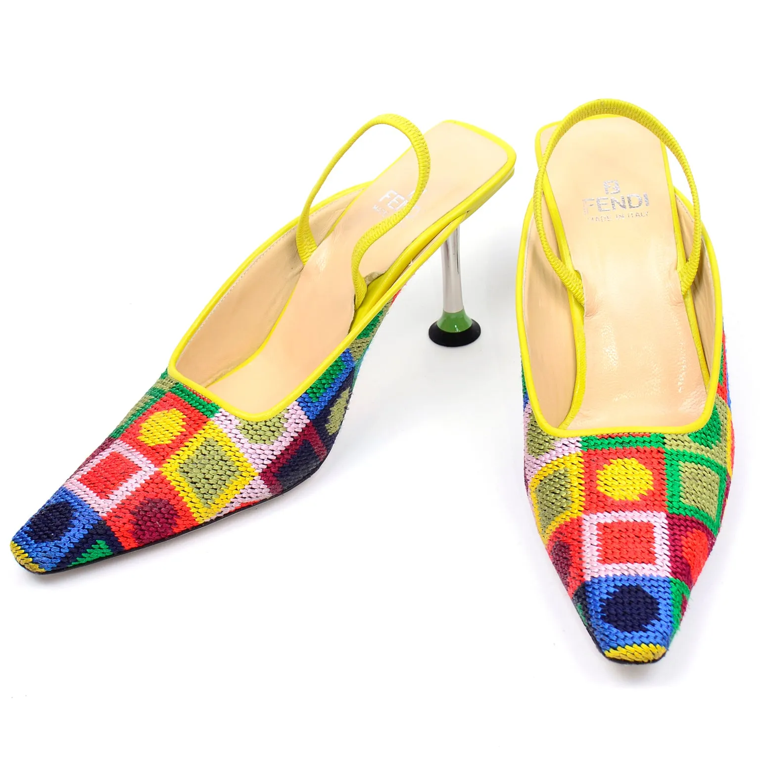 RESERVED // Fendi Colorful Needlepoint Square Slingback Shoes w Metal Heels 7.5