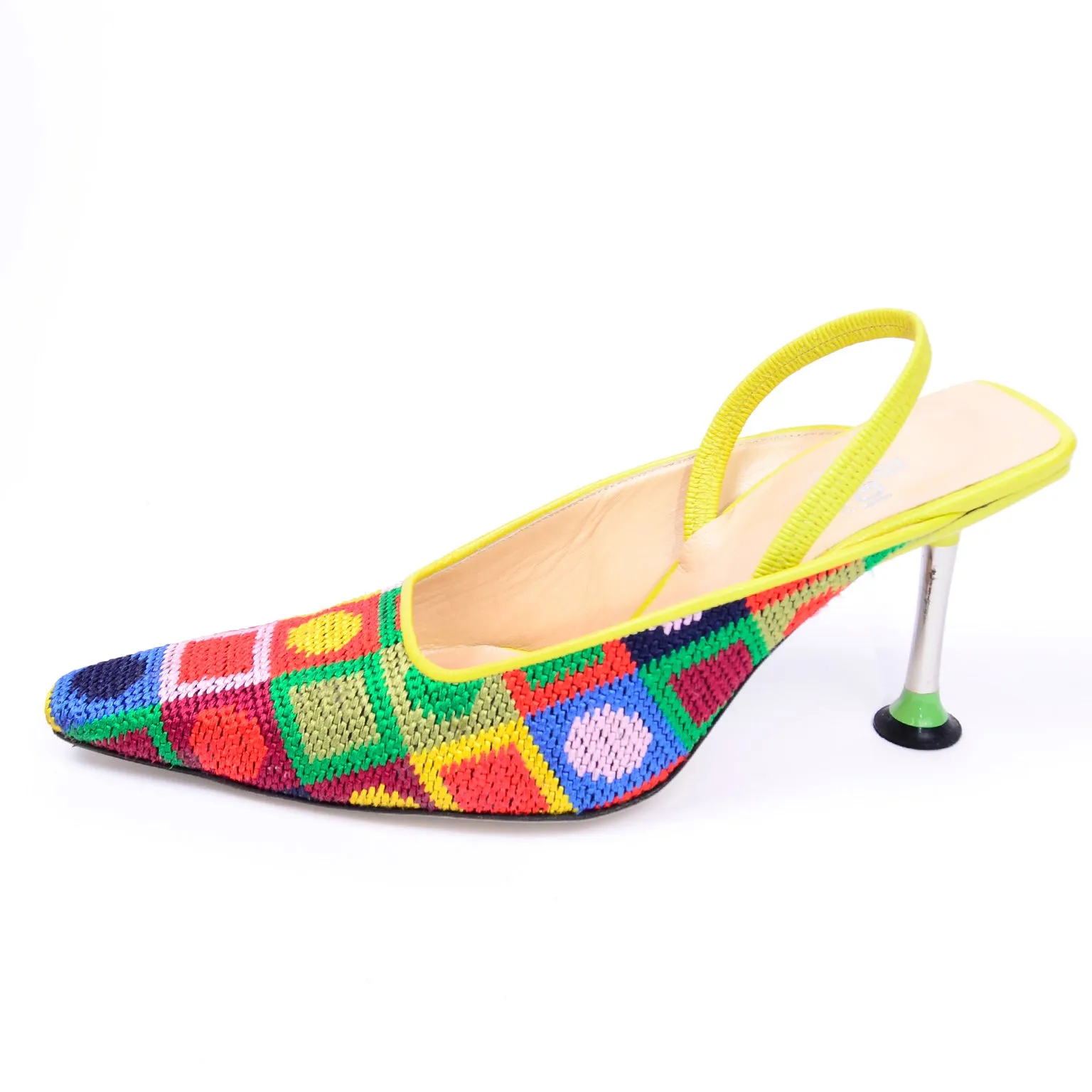 RESERVED // Fendi Colorful Needlepoint Square Slingback Shoes w Metal Heels 7.5