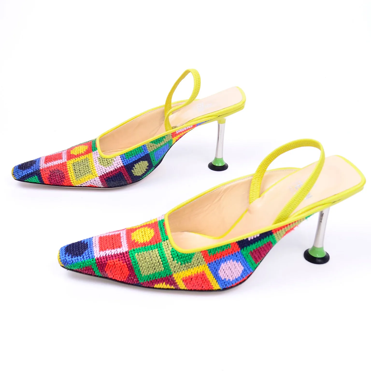 RESERVED // Fendi Colorful Needlepoint Square Slingback Shoes w Metal Heels 7.5