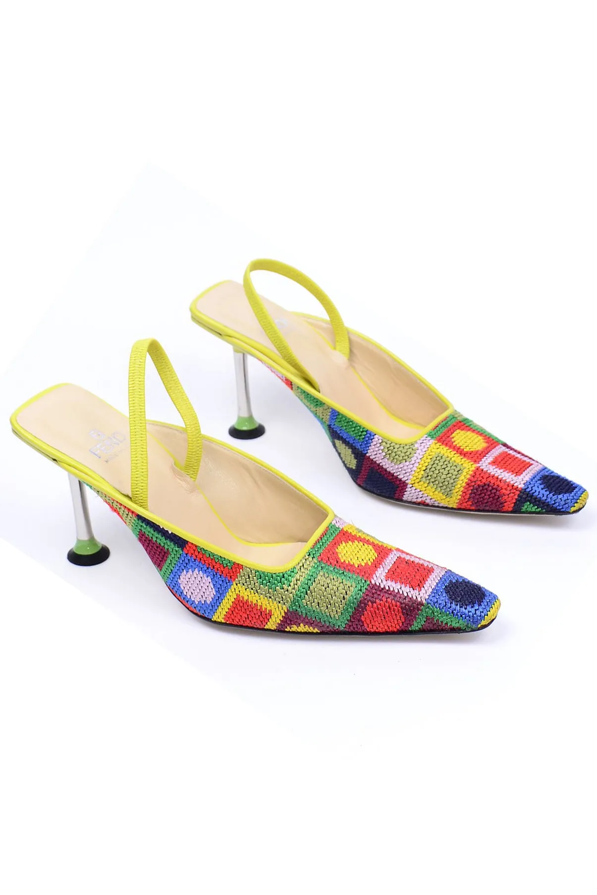 RESERVED // Fendi Colorful Needlepoint Square Slingback Shoes w Metal Heels 7.5