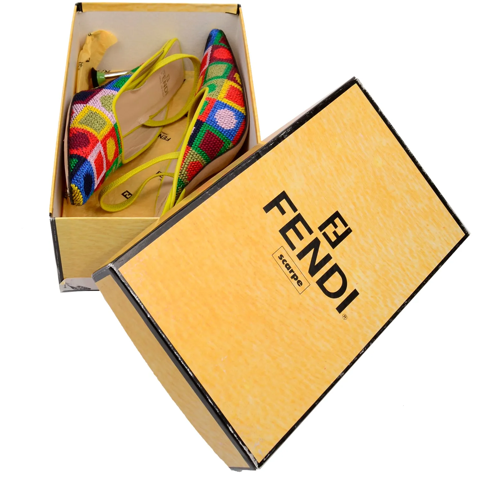 RESERVED // Fendi Colorful Needlepoint Square Slingback Shoes w Metal Heels 7.5