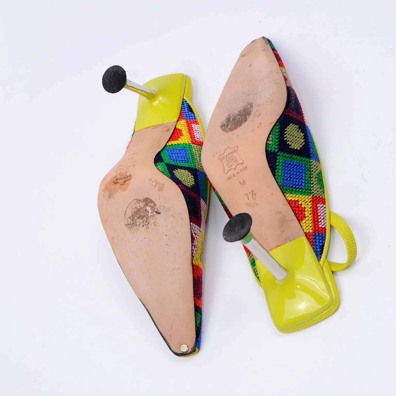 RESERVED // Fendi Colorful Needlepoint Square Slingback Shoes w Metal Heels 7.5