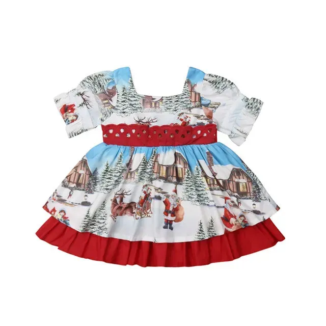 Retro Kids Baby Girl Christmas Princess Dress Santa Claus Print Puff Sleeve Lace Back Bow Party Ball Gown Swing Dress 1-6Y