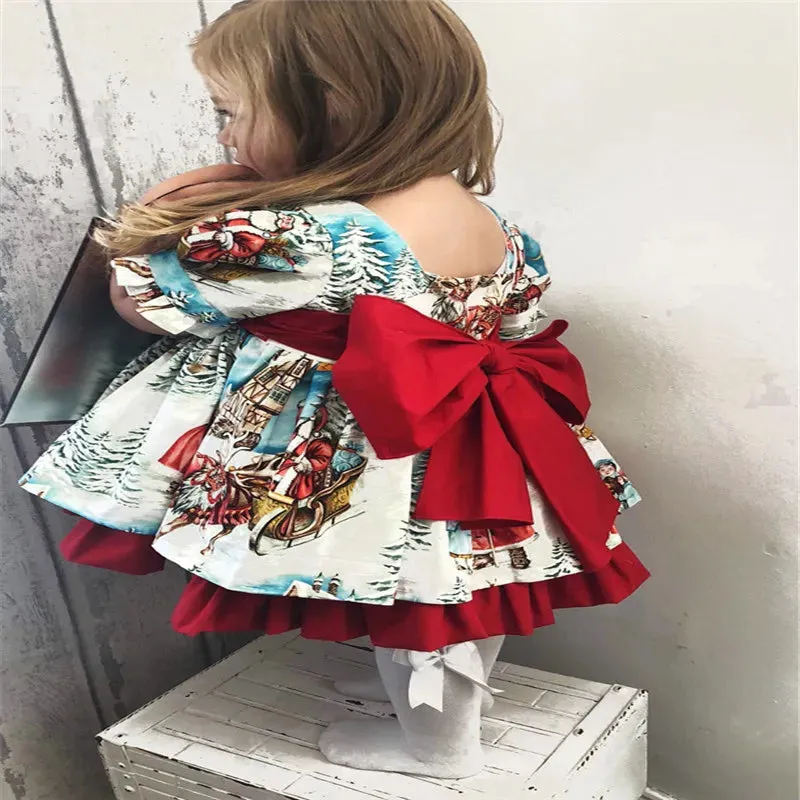 Retro Kids Baby Girl Christmas Princess Dress Santa Claus Print Puff Sleeve Lace Back Bow Party Ball Gown Swing Dress 1-6Y