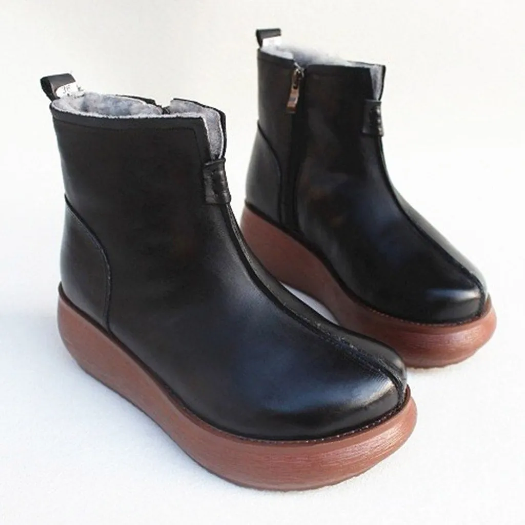 Retro Leather Winter Fur Inside Wedge Boots | Gift Shoes