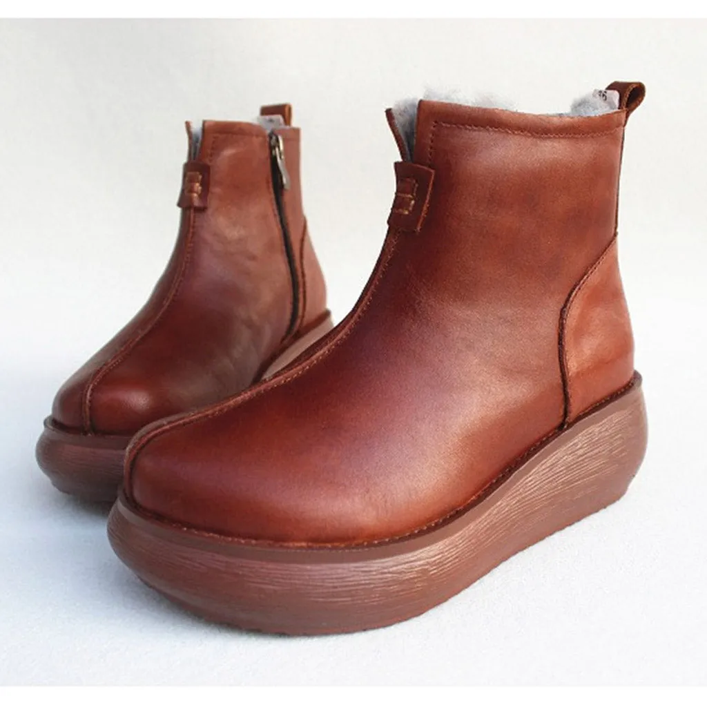 Retro Leather Winter Fur Inside Wedge Boots | Gift Shoes