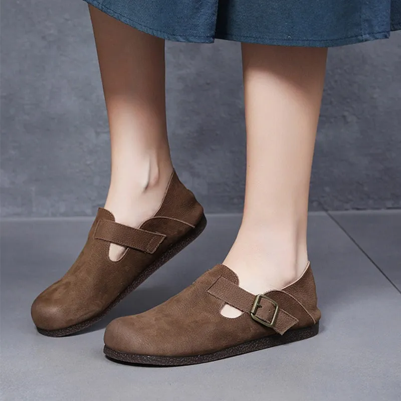 Retro Soft Leather Loafers For Women Round Toe in Flats in Brown/Coffee/Camel